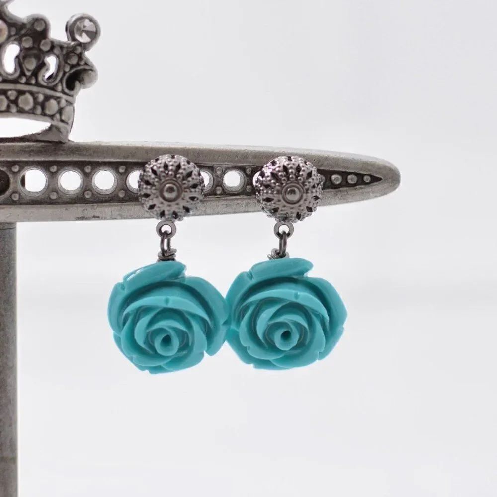 Turquoise Rose Silver Filigree Post Earrings - Picture 3 of 5